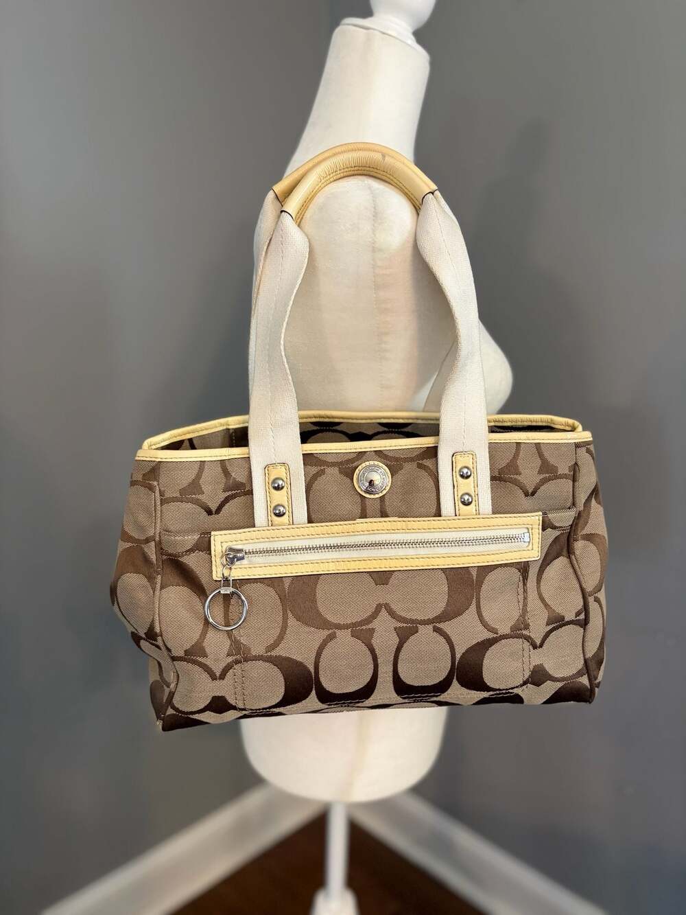 Coach Signature Canvas Shoulder Bag with Beige Trim